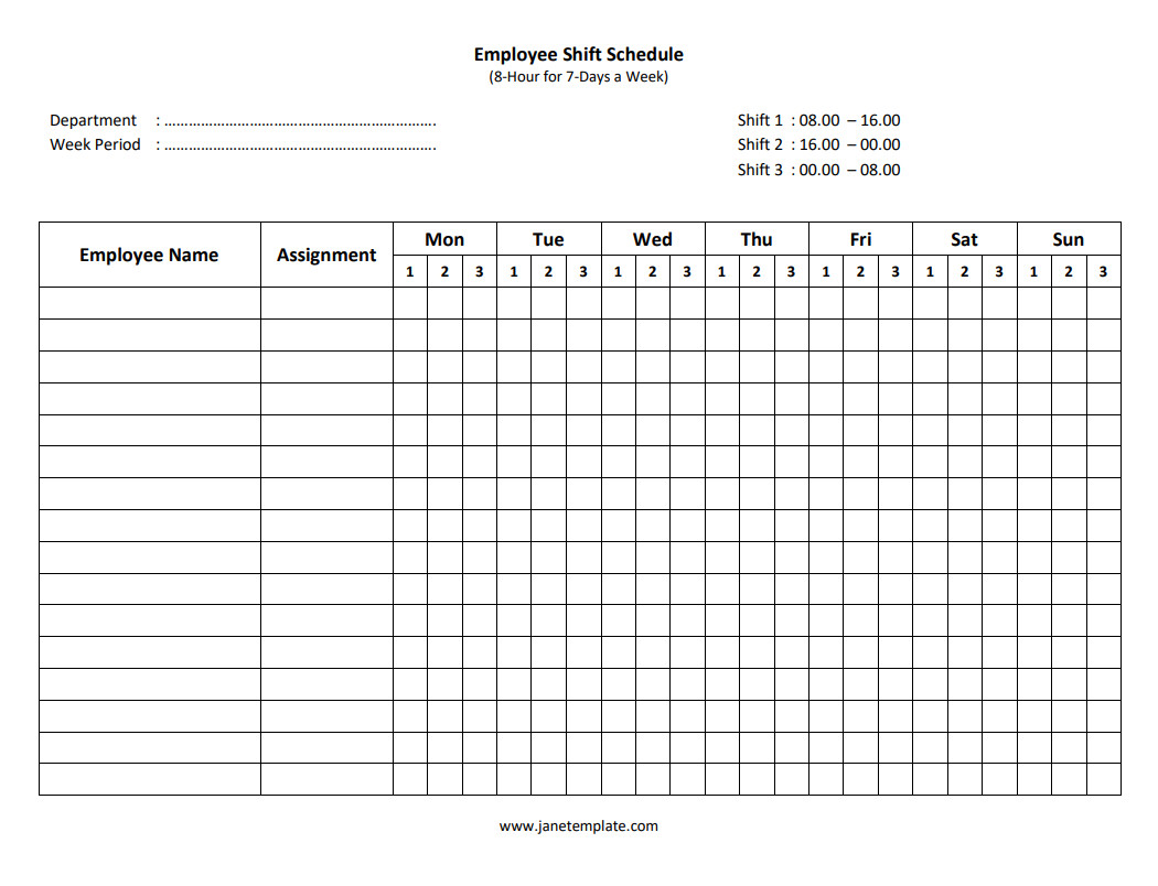 Customizable 8-hour shift schedule template for managing weekly work shifts and employee rotations.