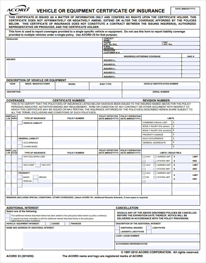 Acord Certificate of Insurance Template