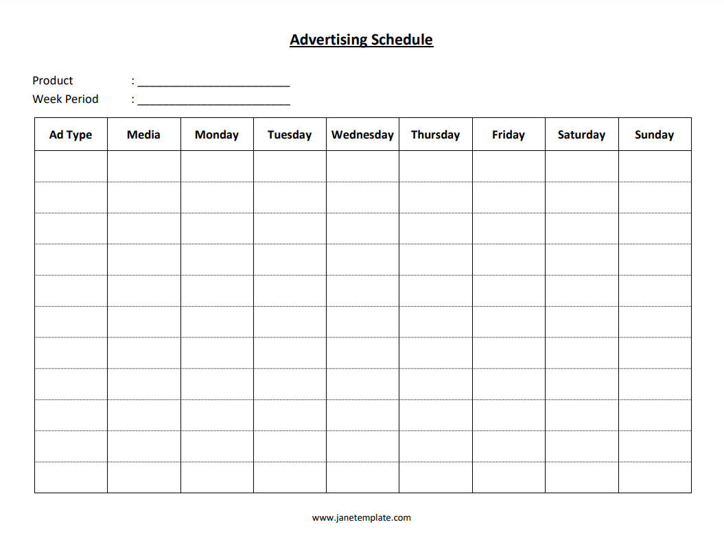 Customizable advertising schedule template for planning and tracking ad campaigns and promotional activities.