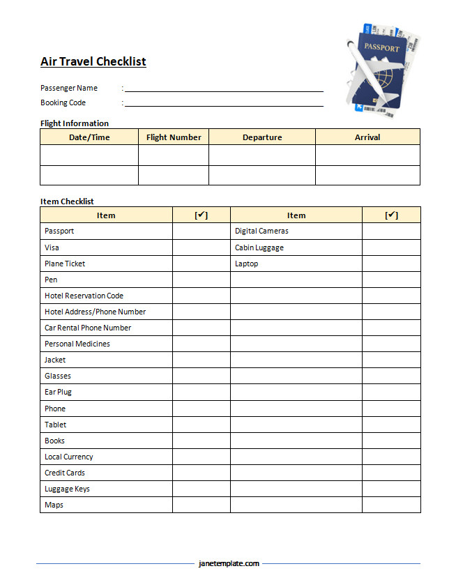 Comprehensive air travel checklist template with sections for packing essentials, travel documents, and pre-flight tasks.