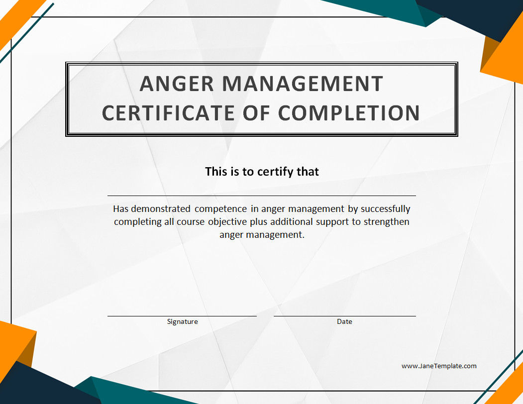 Customizable anger management completion certificate template with a professional design, space for program details, recipient's name, and date of completion.