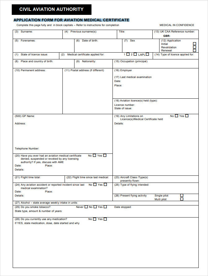 Application Form For Aviation Medical Certificate