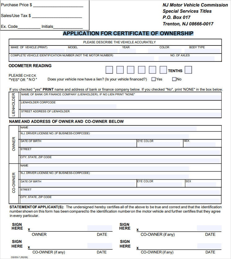 Application Form For Certificate of Ownership