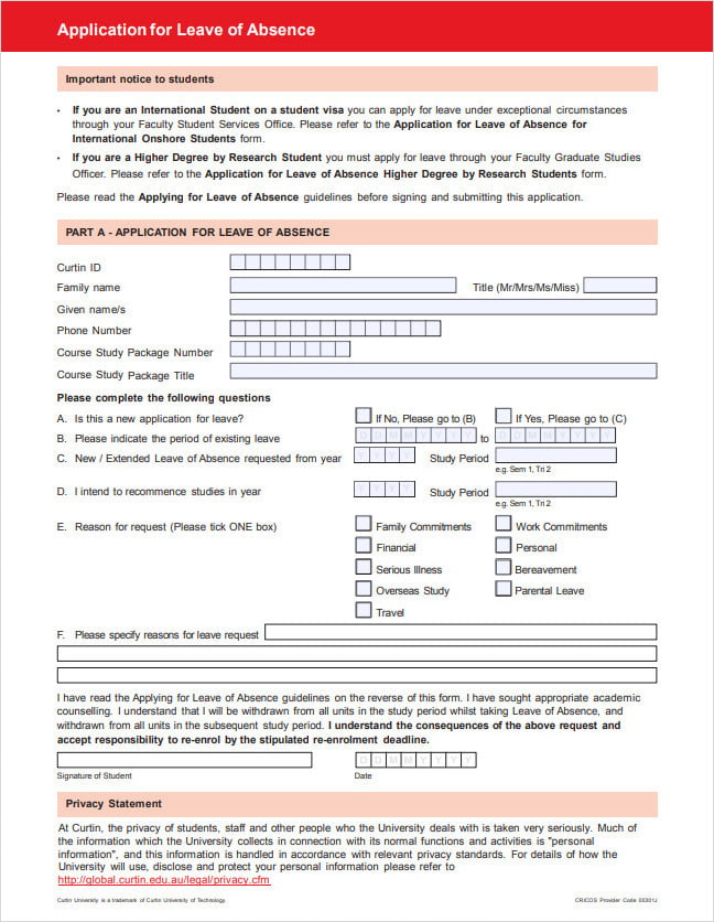 Application Form for Leave of Absence