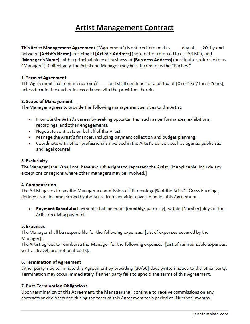 Sample Artist Management Contract Template Featuring Clauses for Rights, Responsibilities, and Payment Terms