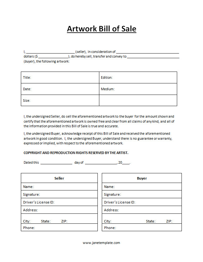 Professional artwork bill of sale template displaying transaction date, provenance details, condition of artwork, and spaces for buyer and seller signatures.