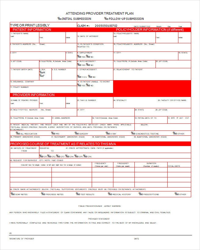 Attending Provider Treatment Plan Form