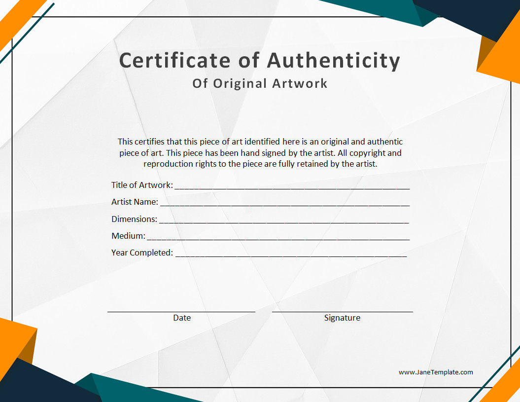 Printable authenticity certificate template featuring a professional design and customizable fields