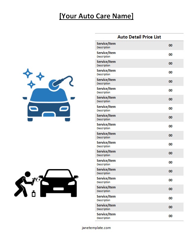 Detailed auto detail price list template featuring columns for service descriptions and prices.