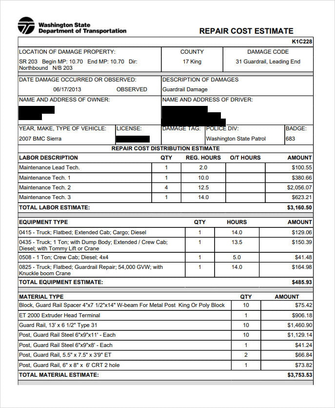 Auto Repair Cost Estimate Template