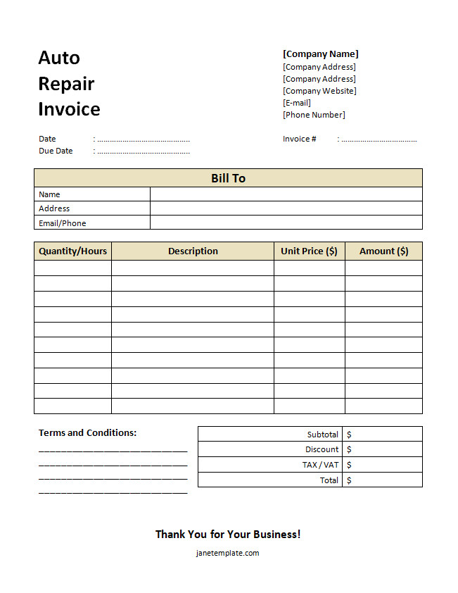 Detailed auto repair invoice template featuring fields for repair descriptions, service dates, parts used, labor hours, and payment terms.