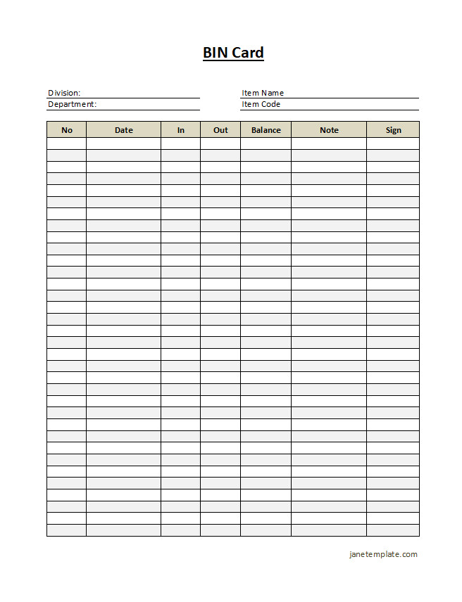 BIN Card Template for inventory management