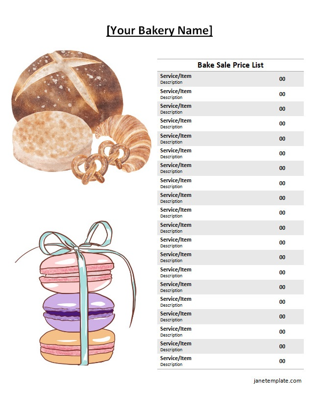 Charming bake sale price list template highlighting various treats.