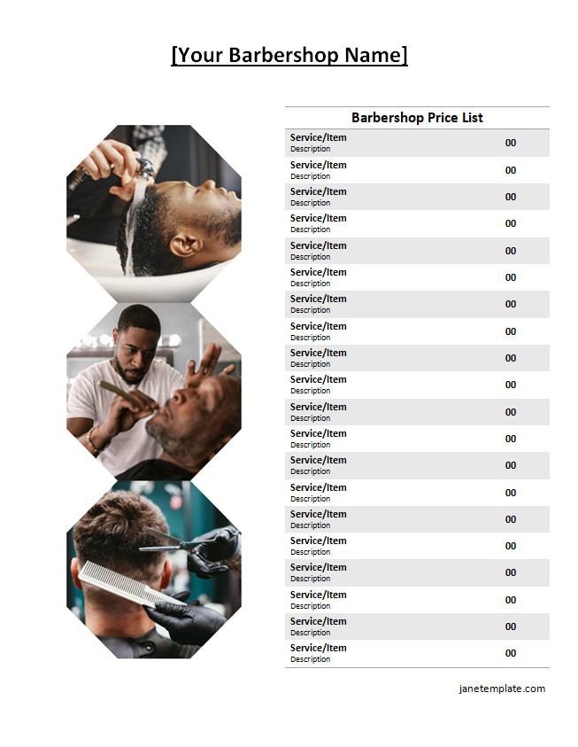 Detailed barber shop price list template with categories for different services with prices.