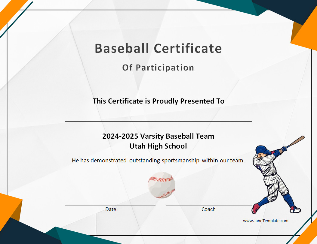 Modern baseball award certificate template with sections for team name, award type, and coach's signature