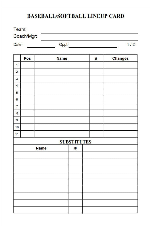 Baseball and Softball Lineup Card Template