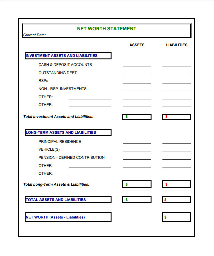 Basic Net Worth Statement Template