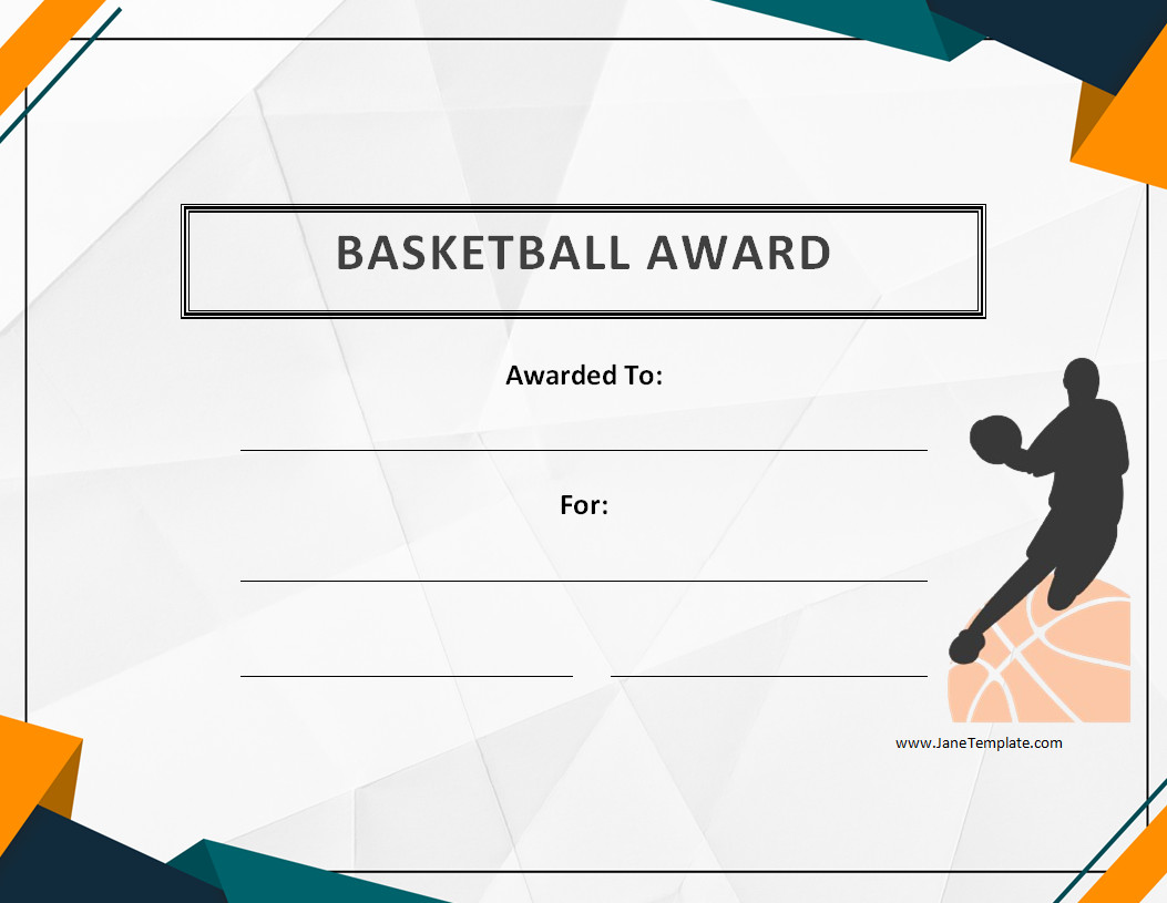 Printable basketball award certificate template with customizable fields for player’s name, date, and award title.