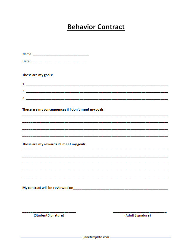 Structured Behavior Contract Template with sections for student name, behavior expectations, and consequences