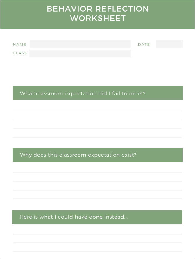 Behavior Reflection Sheet for School