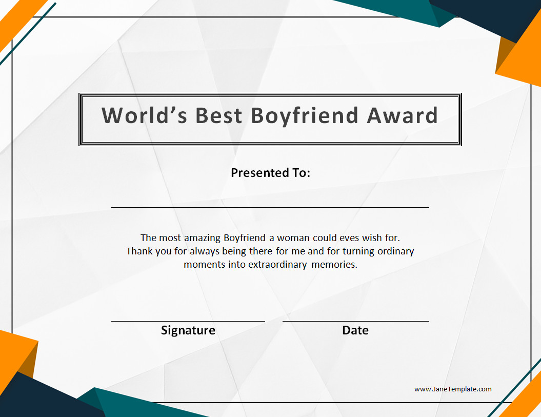 Printable best boyfriend award certificate template featuring a loving message and space for recipient's name and date.