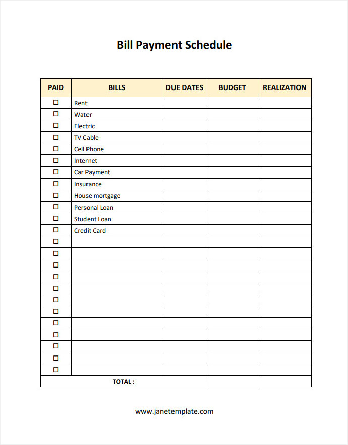 Sample Printable Blank Bill Payment Schedule Template in Word and PDF Format.