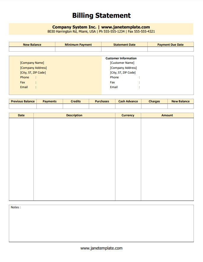 An organized billing statement template featuring columns for services rendered, amounts due, and due dates.