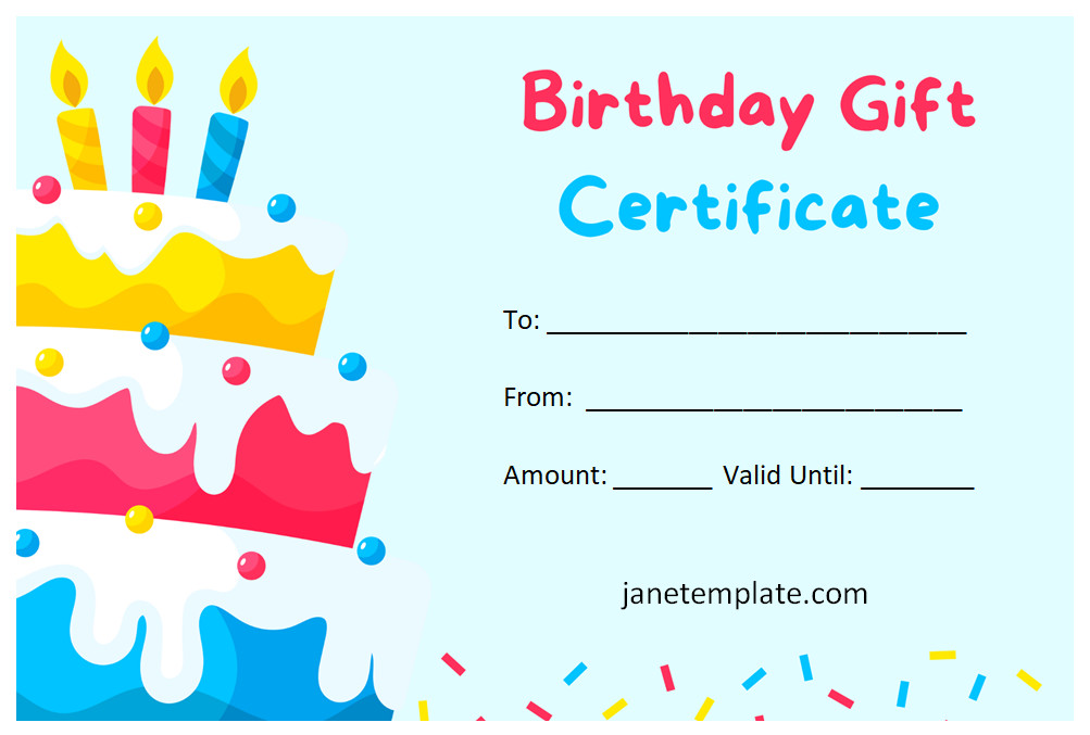 Colorful Birthday Gift Certificate Template with space for recipient's name, gift details, and sender's name