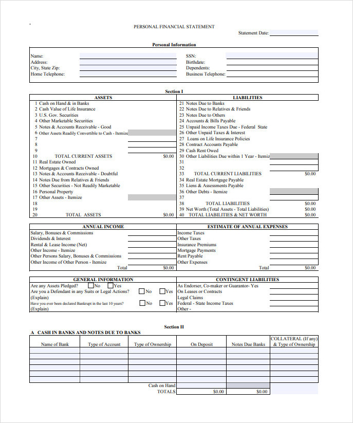 Blank Personal Financial Statement Template