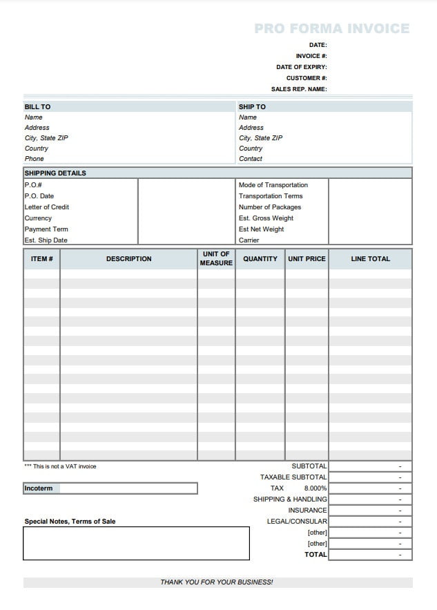 Blank Proforma Invoice Template