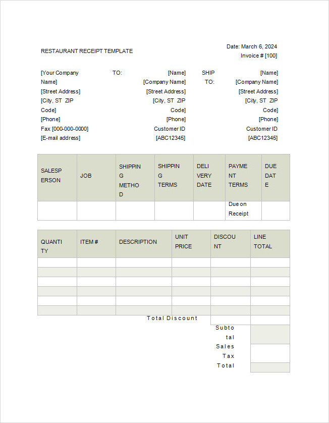 Blank Restaurant Receipt Template Word