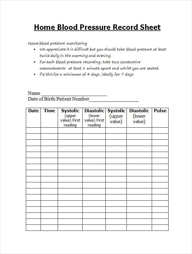 Blood Pressure Record Sheet Template Word