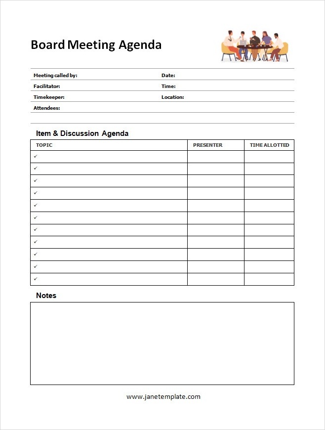 Sample Printable Board Meeting Agenda Template in Word and PDF Format.