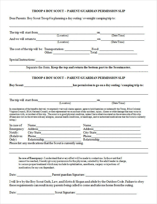 Boy Scout Permission Slip Template