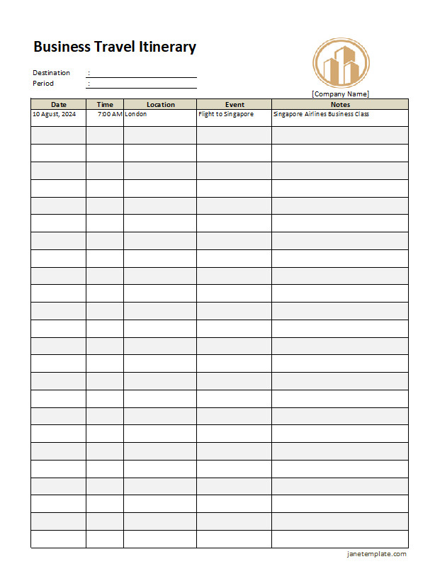 Blank business travel itinerary template showing fields for daily agenda, contact information, and transportation arrangements.