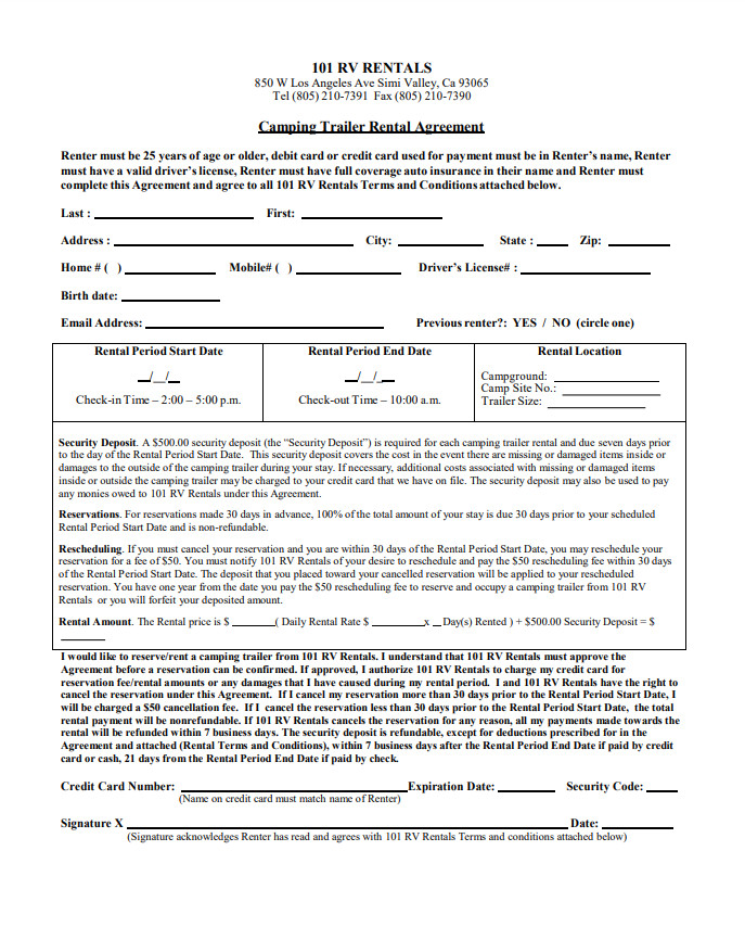 Camping Trailer Rental Agreement Template