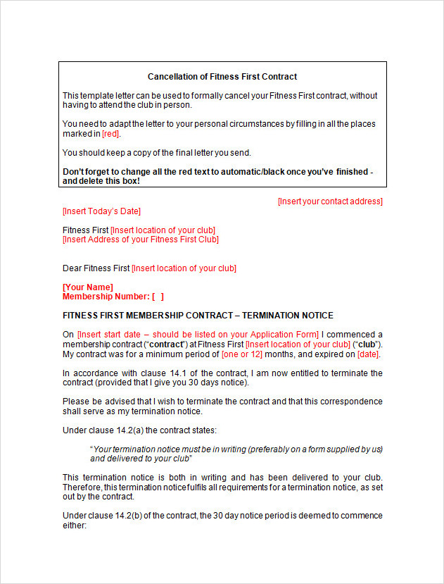 Cancel Gym Contract Template