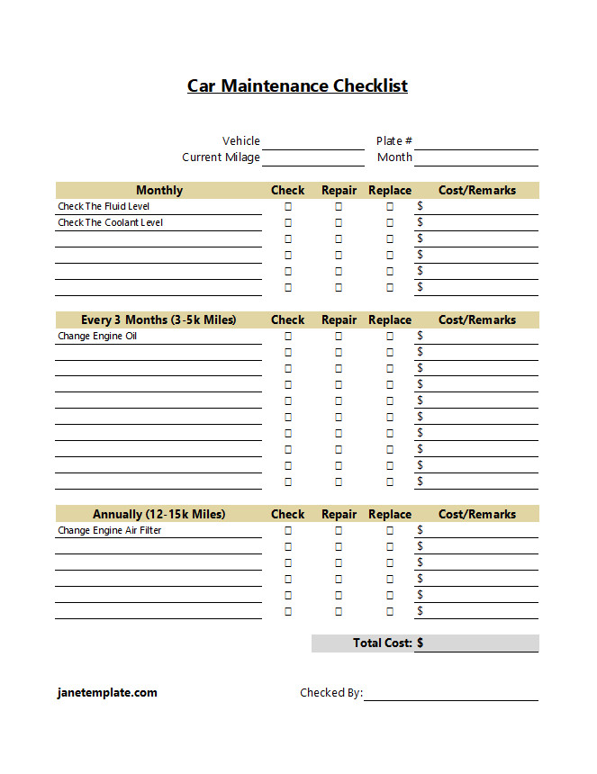 Comprehensive car maintenance checklist template for routine vehicle upkeep.