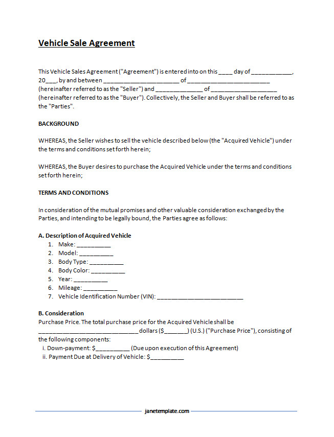 Detailed car sale agreement template with space for documenting purchase conditions, warranty information, and date of sale.