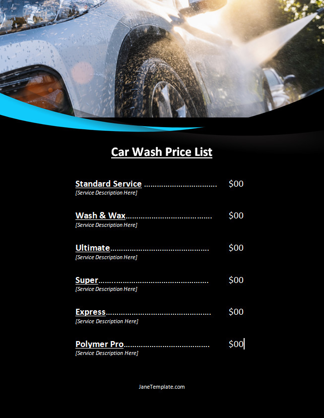 Professional car wash price list template featuring sections for various car wash packages, detailing services, and their corresponding prices.