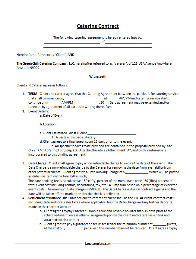 Printable Catering Contract Template featuring fields for service terms, payment schedule, and cancellation policy