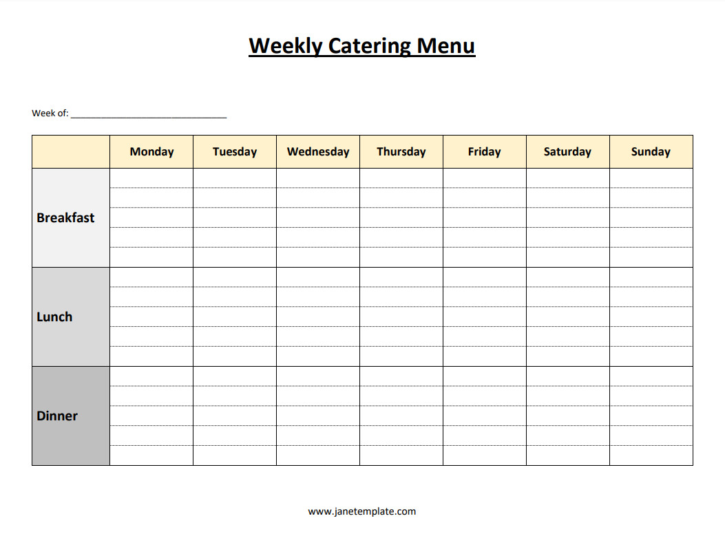 Weekly catering menu template featuring sections for breakfast, lunch, dinner.