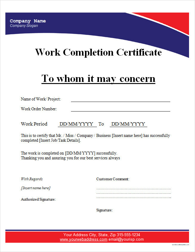 Certificate Completion Template Word