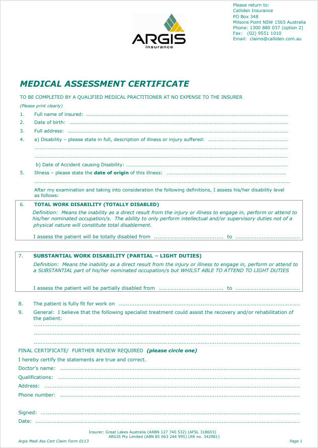 Certificate Template for Medical Assessment