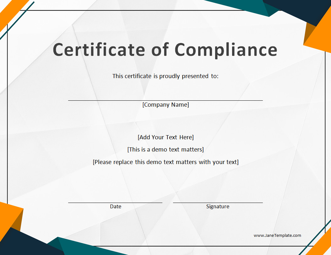 Printable Certificate of Compliance Template (Word)