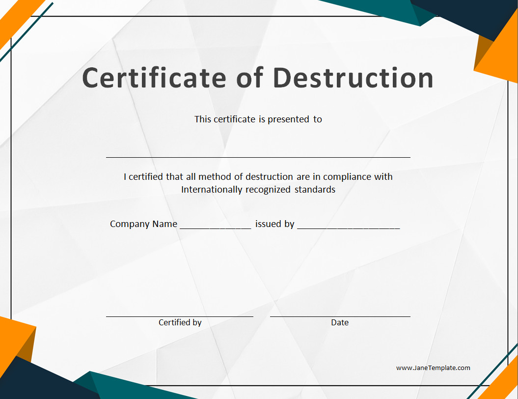 Printable certificate of destruction template featuring a professional design and space for signatures