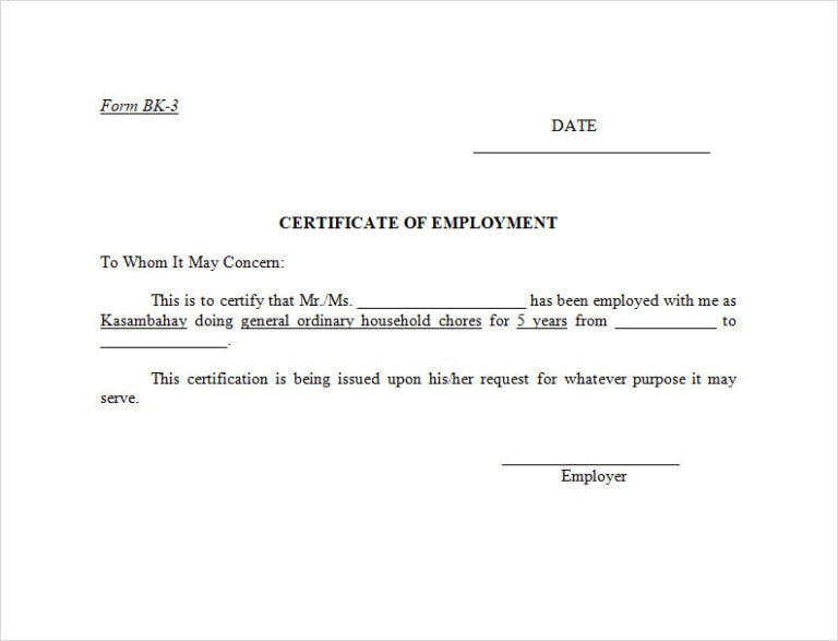 Printable Certificate of Employment Template