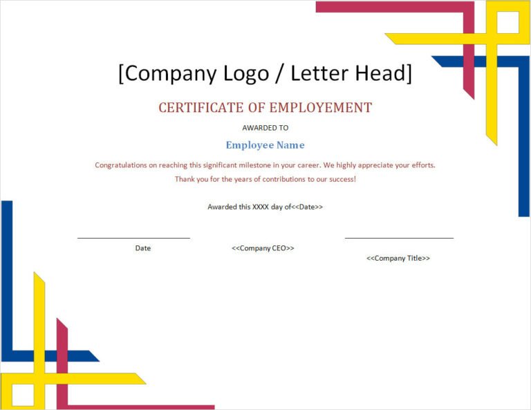 Printable Certificate of Employment Template