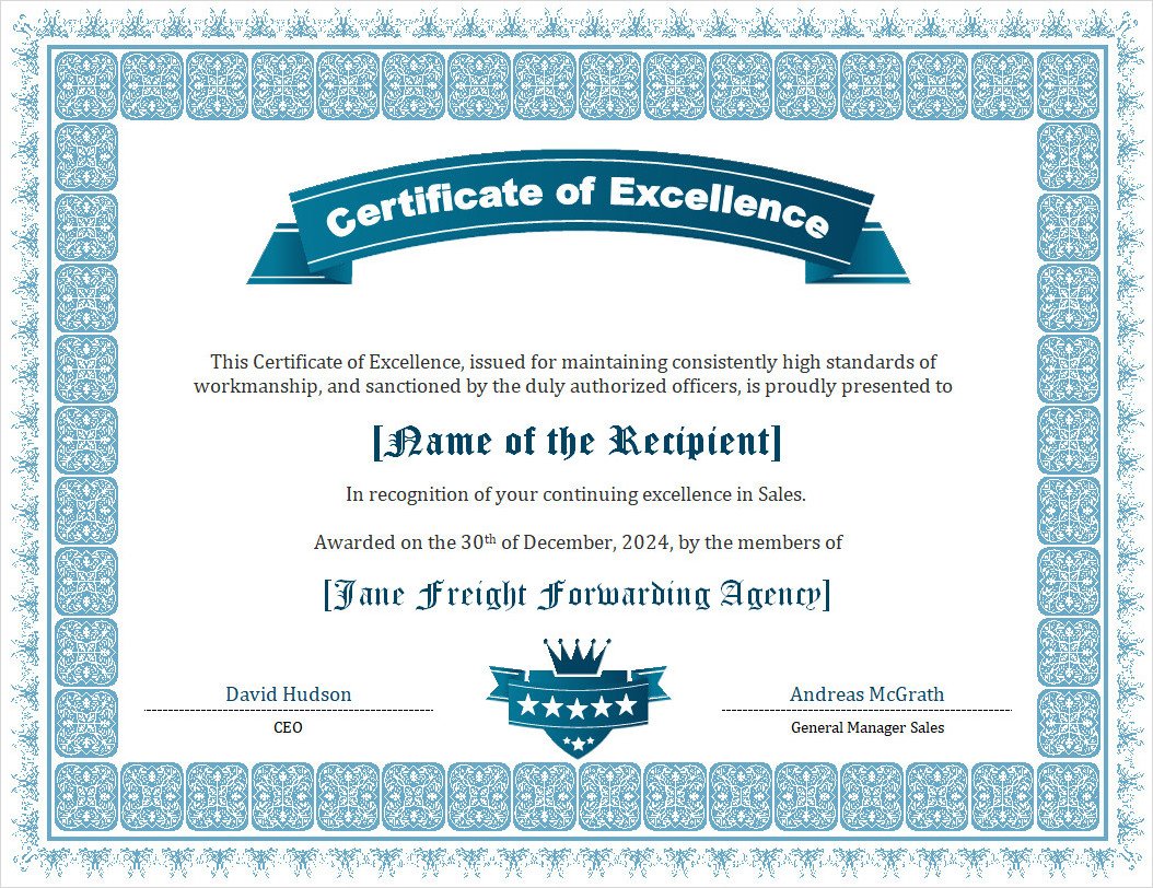 Certificate of Excellence Template Word