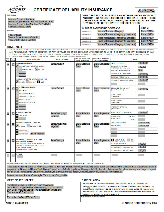 Certificate of Liability Insurance Form